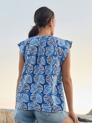 Blue Linen Blend Button Down Relaxed Sleeve Printed Top - Image 4 of 7
