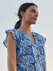 Blue Linen Blend Button Down Relaxed Sleeve Printed Top - Image 5 of 7
