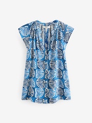 Blue Linen Blend Button Down Relaxed Sleeve Printed Top - Image 6 of 7