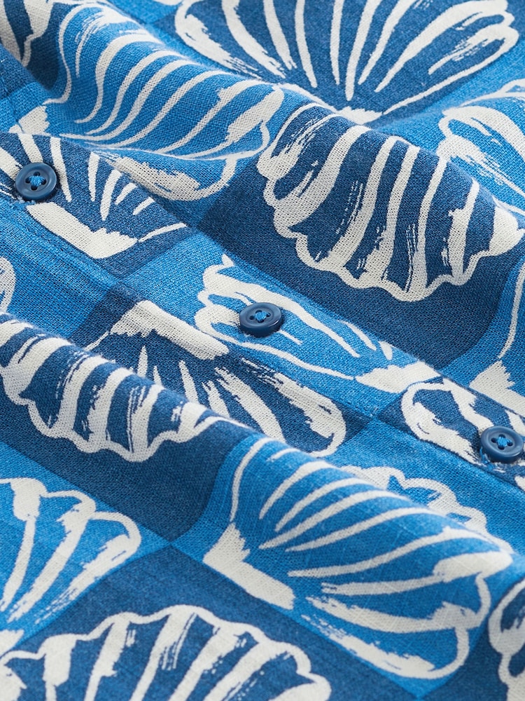 Blue Linen Blend Button Down Relaxed Sleeve Printed Top - Image 7 of 7