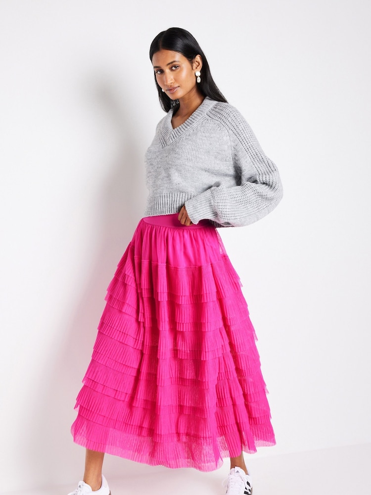 Bright Pink Mesh Tulle Midi Skirt - Image 1 of 10 Bright Pink Mesh Tulle Midi Skirt - Image 1 of 10