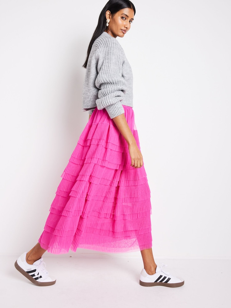 Bright Pink Mesh Tulle Midi Skirt - Image 1 of 4