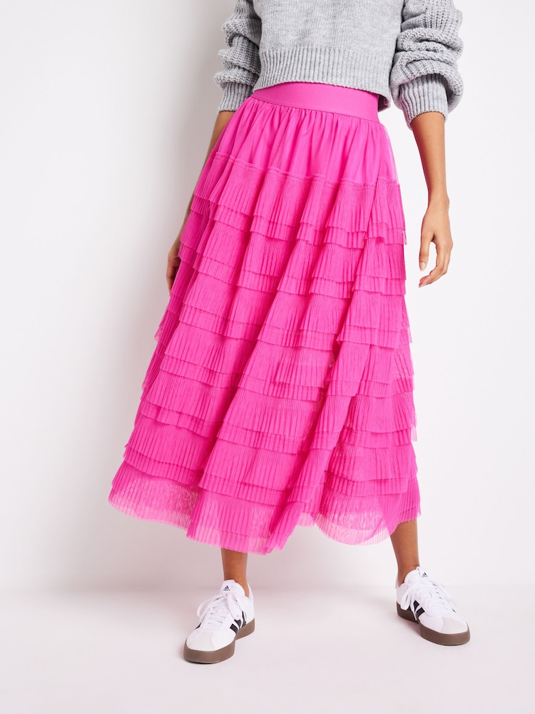 Bright Pink Mesh Tulle Midi Skirt - Image 2 of 4