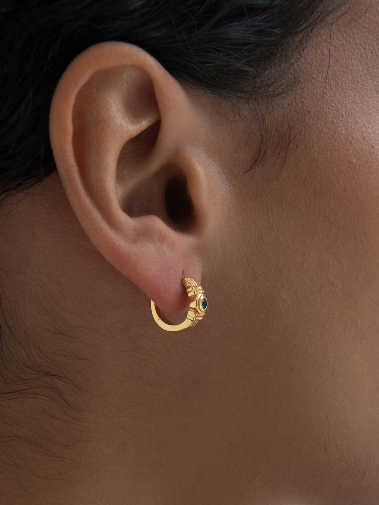 Ottoman Hands Gold Tone Emerald Green CZ Huggie Earrings - Image 1 of 4