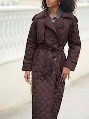 Burgundy Red Longline Quilted Trench Coat - Image 1 of 7