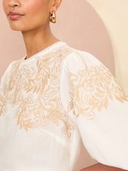 Love & Roses Ivory White and Stone Cream TENCEL™ Embroidery Puff Sleeve Blouse - Image 2 of 4