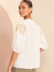 Love & Roses Ivory White and Stone Cream TENCEL™ Embroidery Puff Sleeve Blouse - Image 3 of 4