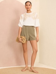 Love & Roses Ivory White and Stone Cream TENCEL™ Embroidery Puff Sleeve Blouse - Image 4 of 4