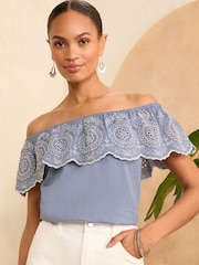 Love & Roses Blue Chambray Broderie Bardot Trim Detail Top - Image 1 of 4