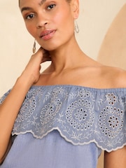 Love & Roses Blue Chambray Broderie Bardot Trim Detail Top - Image 2 of 4