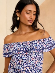 Love & Roses Blue Animal Bardot Trim Detail Top - Image 2 of 4