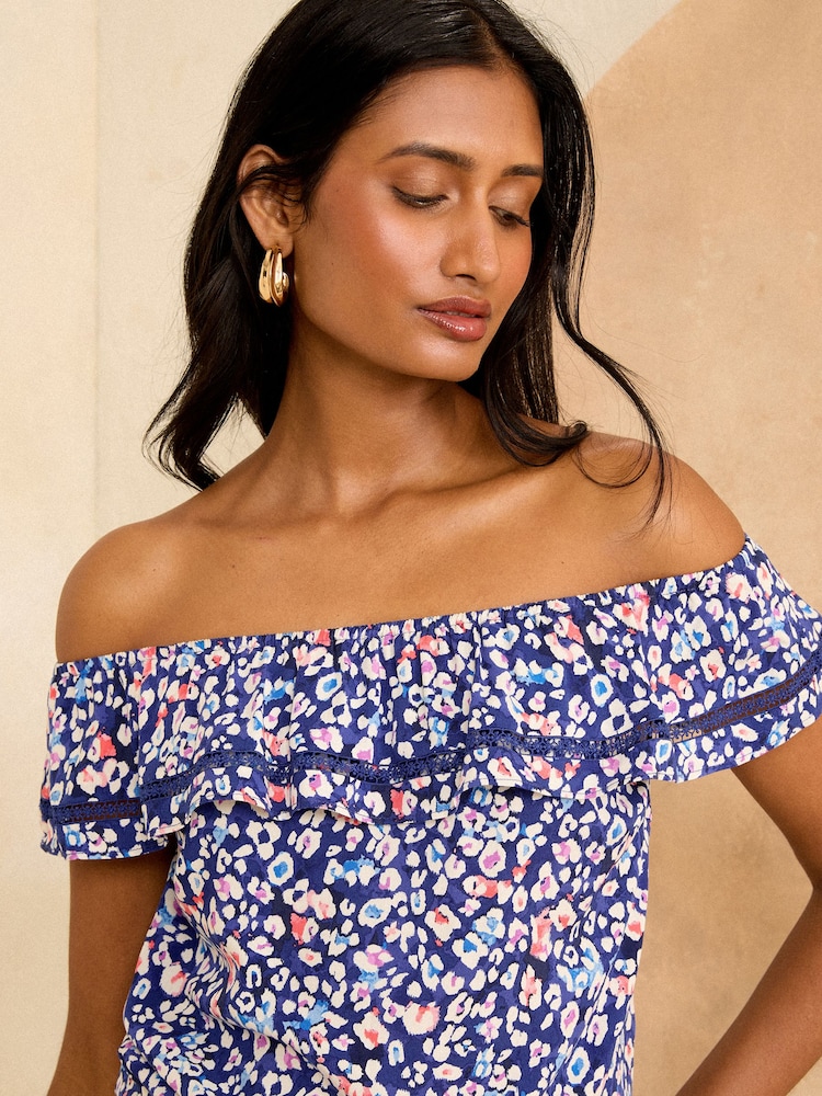 Love & Roses Blue Animal Bardot Trim Detail Top - Image 2 of 4