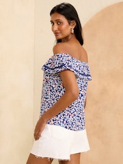 Love & Roses Blue Animal Bardot Trim Detail Top - Image 3 of 4