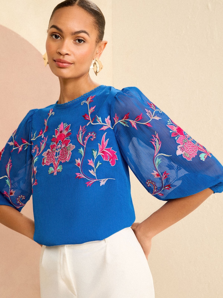 V&A | Love & Roses Blue Embroidered Round Neck Puff Sleeve Blouse - Image 1 of 4