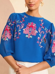 V&A | Love & Roses Blue Embroidered Round Neck Puff Sleeve Blouse - Image 2 of 4