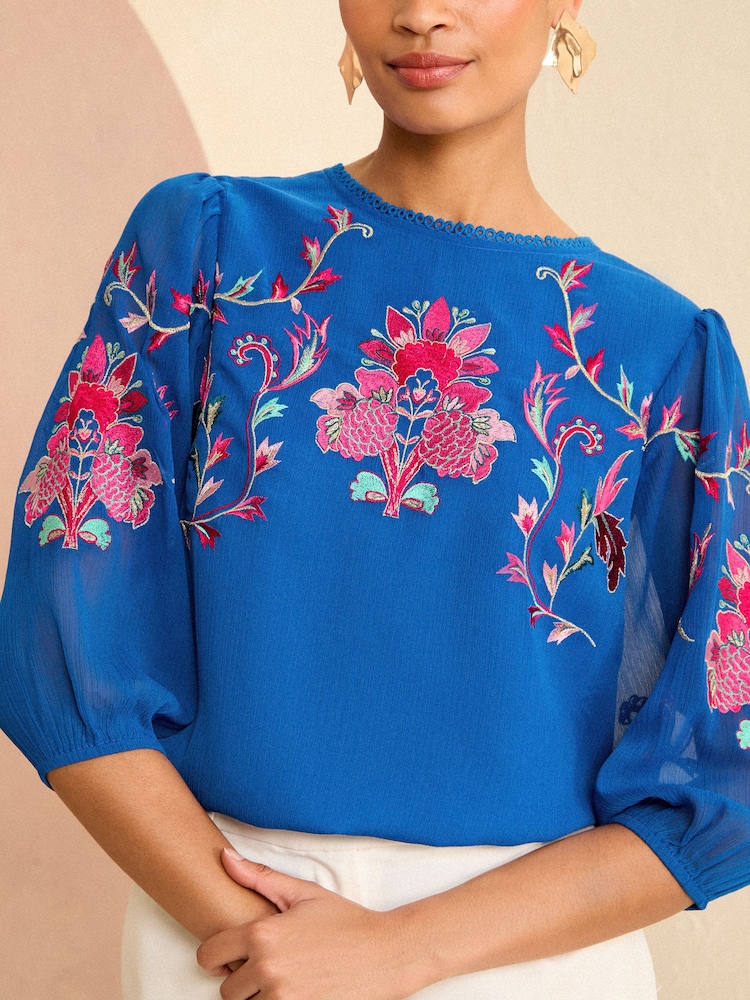 V&A | Love & Roses Blue Embroidered Round Neck Puff Sleeve Blouse - Image 2 of 4
