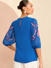 V&A | Love & Roses Blue Embroidered Round Neck Puff Sleeve Blouse - Image 3 of 4