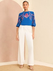 V&A | Love & Roses Blue Embroidered Round Neck Puff Sleeve Blouse - Image 4 of 4