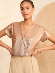 Love & Roses Rose Gold Wrap Front Jersey Top - Image 1 of 4