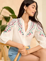 Love & Roses Ivory Petite Embroidered V Neck 3/4 Sleeve Blouse - Image 1 of 4