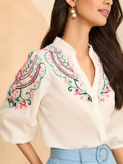 Love & Roses Ivory Petite Embroidered V Neck 3/4 Sleeve Blouse - Image 2 of 4
