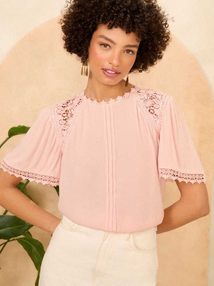 Love & Roses Pink Crochet Detail Flutter Sleeve Blouse - Image 1 of 4