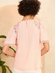 Love & Roses Pink Crochet Detail Flutter Sleeve Blouse - Image 3 of 4