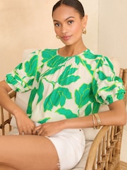 Love & Roses Ivory and Green Puff Sleeve Trim Detail Blouse - Image 1 of 4