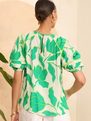 Love & Roses Ivory and Green Puff Sleeve Trim Detail Blouse - Image 3 of 4