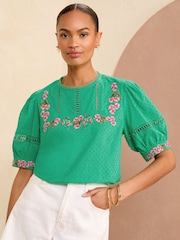Love & Roses Green Embroidered Yoke Puff Sleeve Blouse - Image 1 of 4