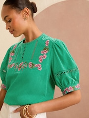 Love & Roses Green Embroidered Yoke Puff Sleeve Blouse - Image 2 of 4