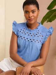 Love & Roses Blue Metallic Flutter Sleeve Shell Top - Image 1 of 4