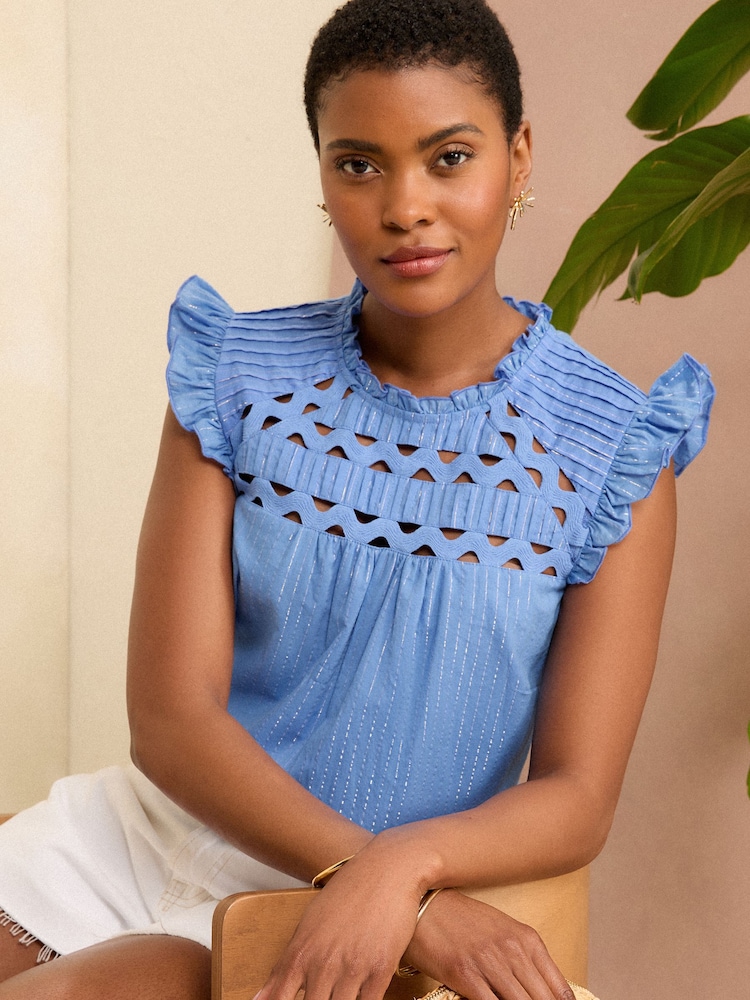 Love & Roses Blue Metallic Flutter Sleeve Shell Top - Image 1 of 4