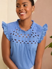 Love & Roses Blue Metallic Flutter Sleeve Shell Top - Image 2 of 4