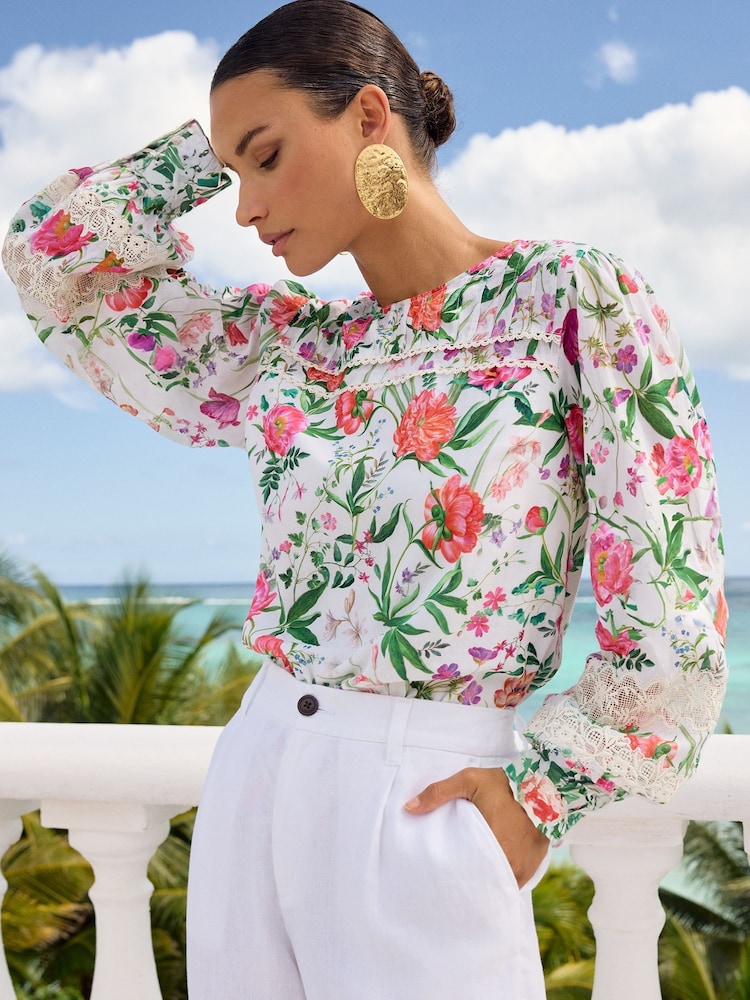 V&A | Love & Roses Floral Printed Crew Neck Lace Trim Blouse - Image 1 of 4