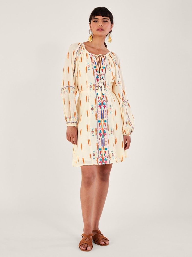 Monsoon Natural 100% Cotton Aztec Style Print and Embroidered Short Dress - Image 1 of 5