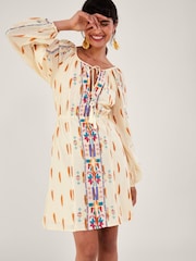 Monsoon Natural 100% Cotton Aztec Style Print and Embroidered Short Dress - Image 3 of 5