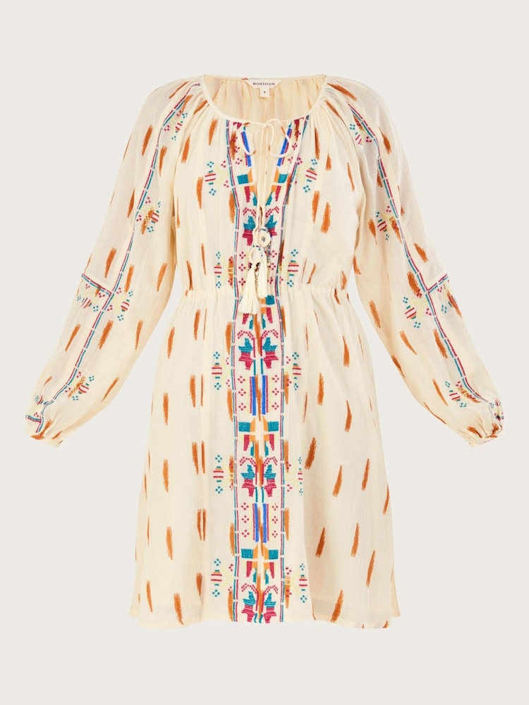 Monsoon Natural 100% Cotton Aztec Style Print and Embroidered Short Dress - Image 5 of 5