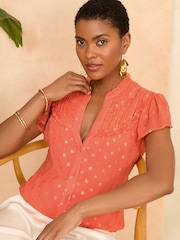Love & Roses Orange Metallic Ruffle V Neck Flutter Sleeve Blouse - Image 1 of 4