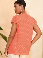 Love & Roses Orange Metallic Ruffle V Neck Flutter Sleeve Blouse - Image 3 of 4