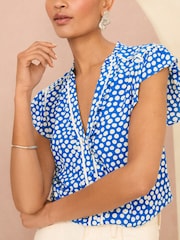 Love & Roses Blue Polka Dot Ruffle Trim V Neck Flutter Sleeve Blouse - Image 2 of 4