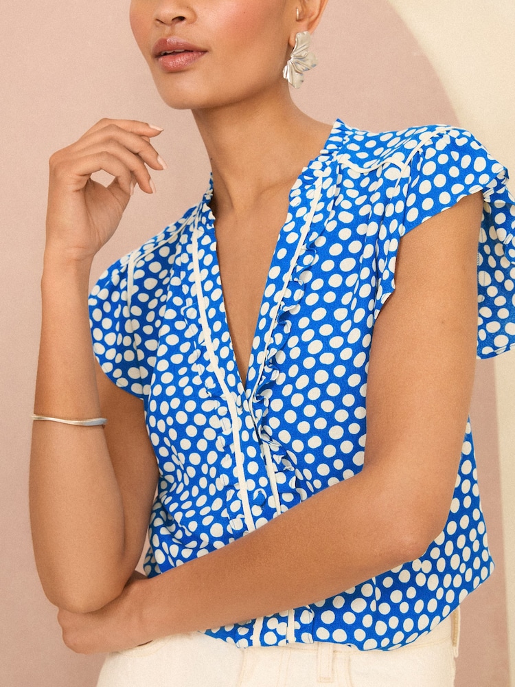 Love & Roses Blue Polka Dot Ruffle Trim V Neck Flutter Sleeve Blouse - Image 2 of 4