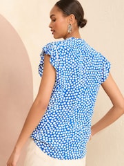Love & Roses Blue Polka Dot Ruffle Trim V Neck Flutter Sleeve Blouse - Image 3 of 4