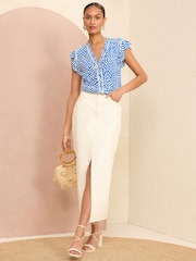 Love & Roses Blue Polka Dot Ruffle Trim V Neck Flutter Sleeve Blouse - Image 4 of 4