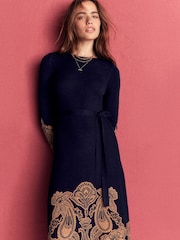 Albastru - Boden Crew Neck Midi Jacquard Dress - Imaginea 1 din 7