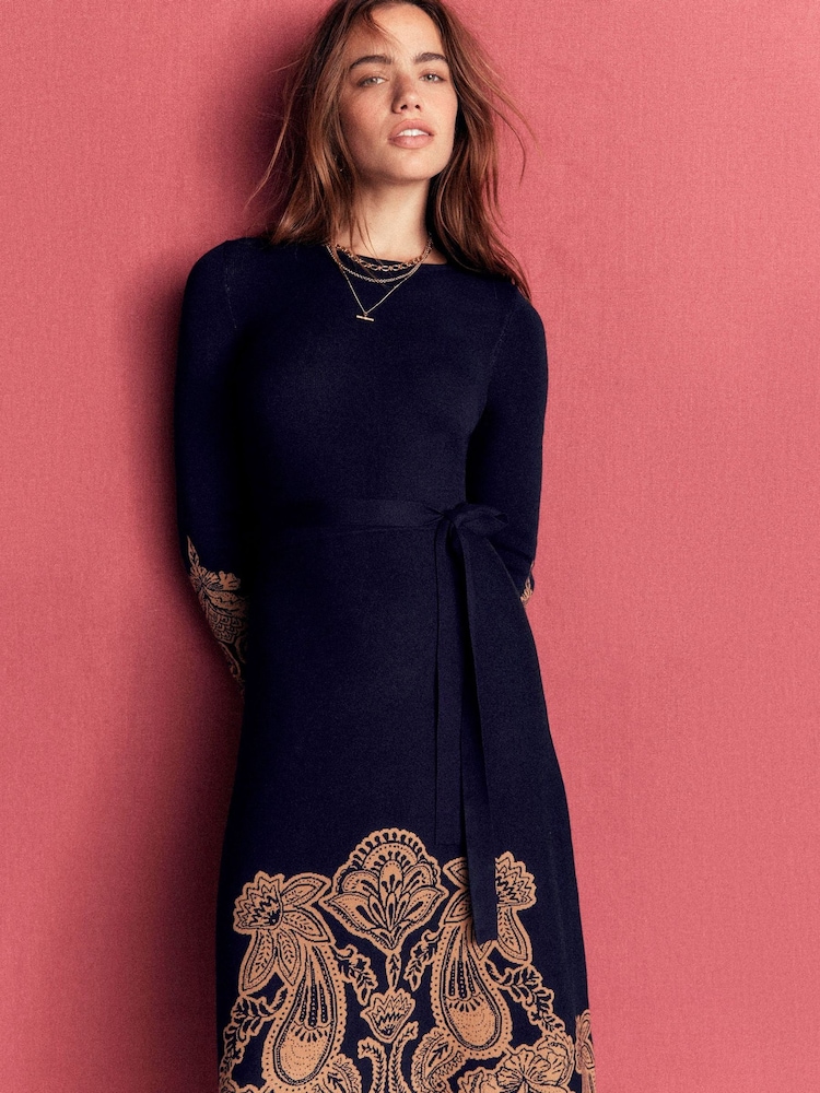 Albastru - Boden Crew Neck Midi Jacquard Dress - Imaginea 1 din 7