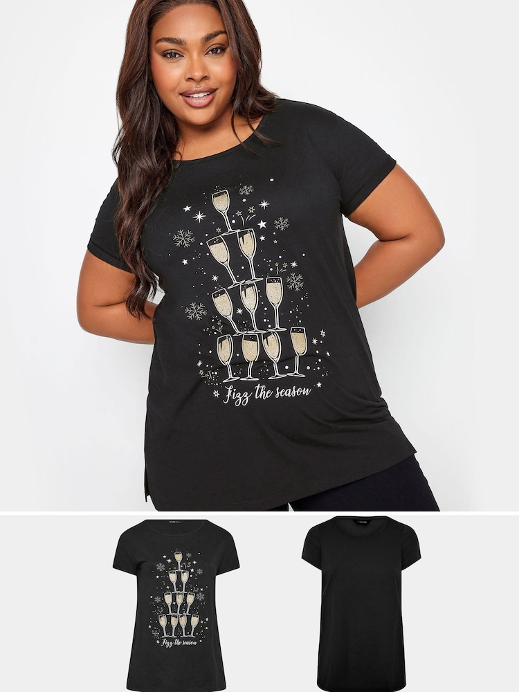 Yours Curve Black Short Sleeve Novelty Fizz The Season T-Shirt 2 Pack - Image 1 of 1 Yours Curve Black Short Sleeve Novelty Fizz The Season T-Shirt 2 Pack - Image 1 of 1