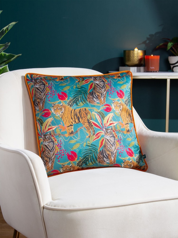 Wylder Tropics Blue Kali Jungle Tiger Piped Cushion - Image 1 of 6