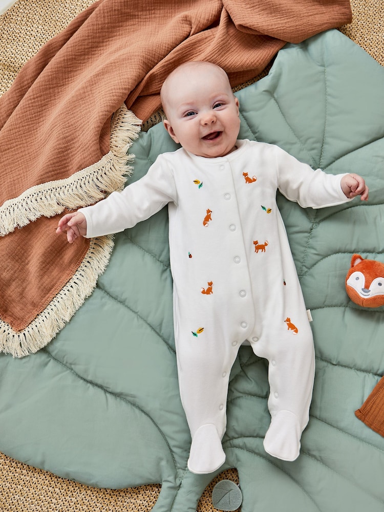 JoJo Maman Bébé White Fox Embroidered Cotton Baby Sleepsuit - Image 1 of 4