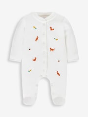 JoJo Maman Bébé White Fox Embroidered Cotton Baby Sleepsuit - Image 3 of 4